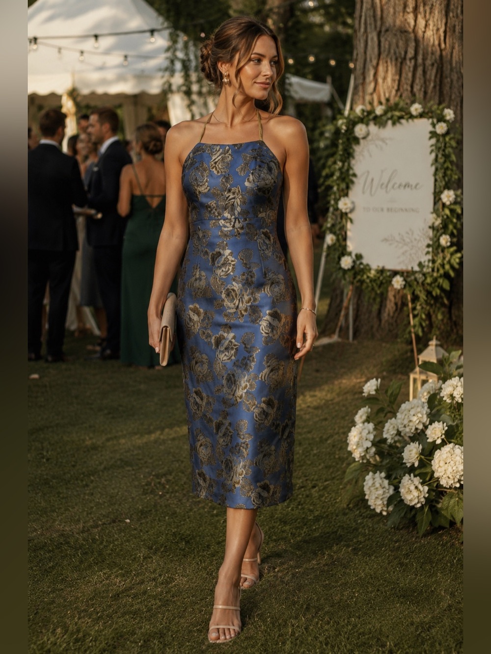 Elegant Blue Gold Floral Halter Midi Dress Wedding Guest / evening wear/ Event 6